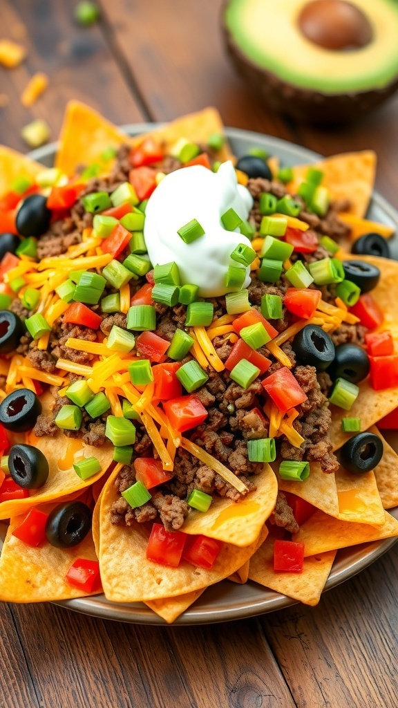 Loaded Nachos Recipe A plate of loaded nachos with cheese, beef, jalapeños, and toppings, garnished with guacamole and sour cream.